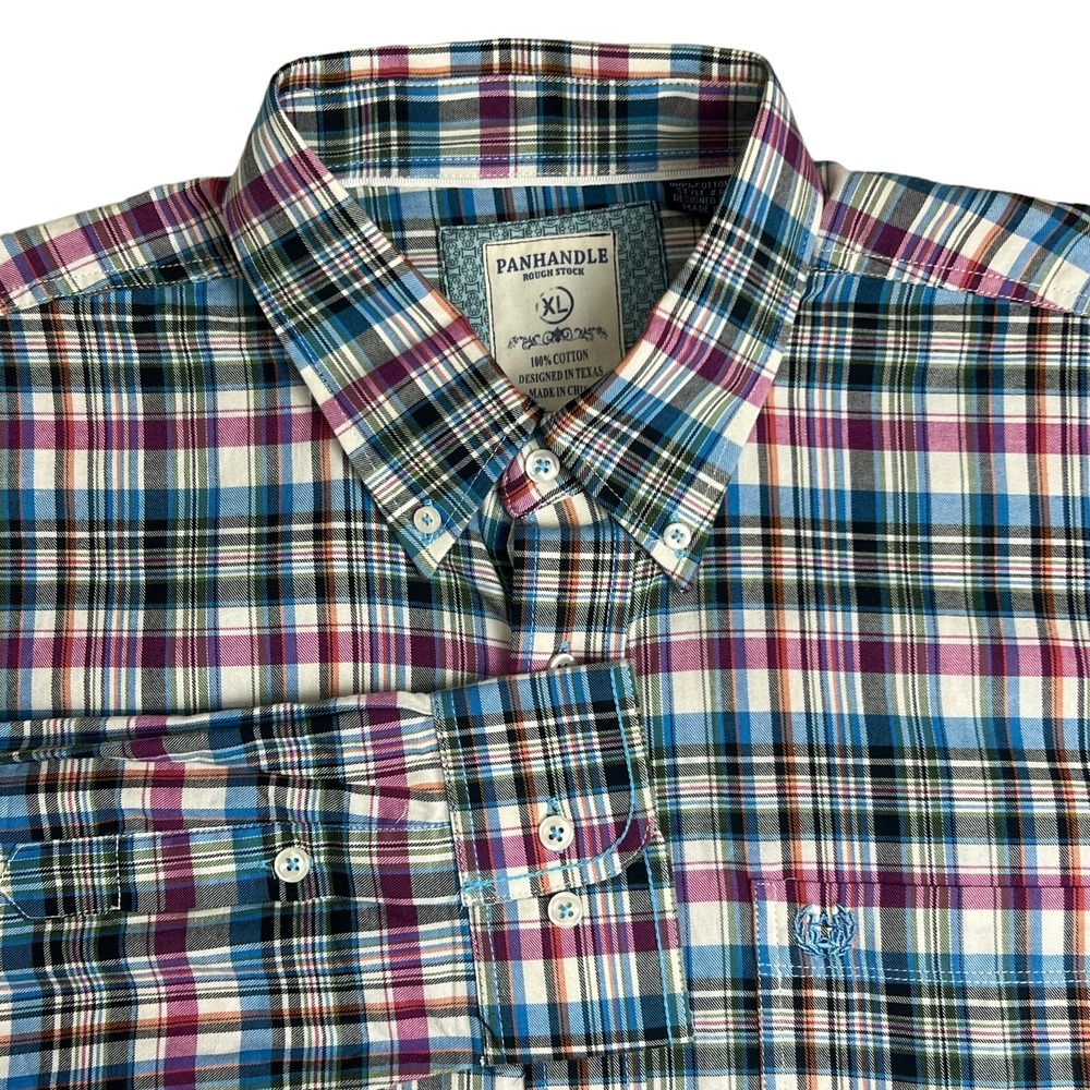 Panhandle Rough Stock Mens XL Button Down Shirt Multi Color Plaid ROD9115 Cotton